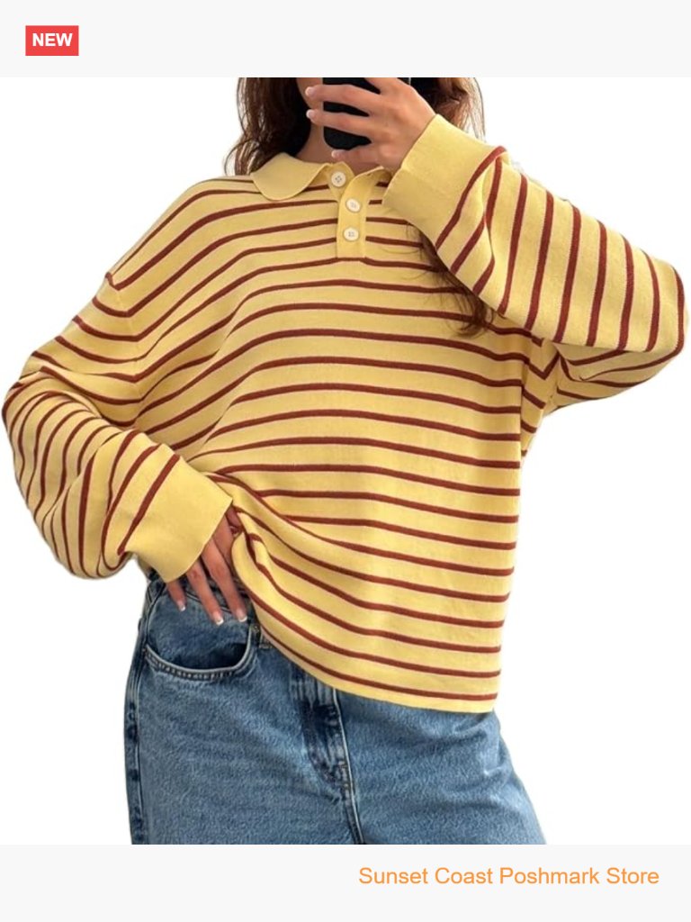 Oversized Long Sleeve Collared Striped Rugby Polo Sweatshirt Pullover